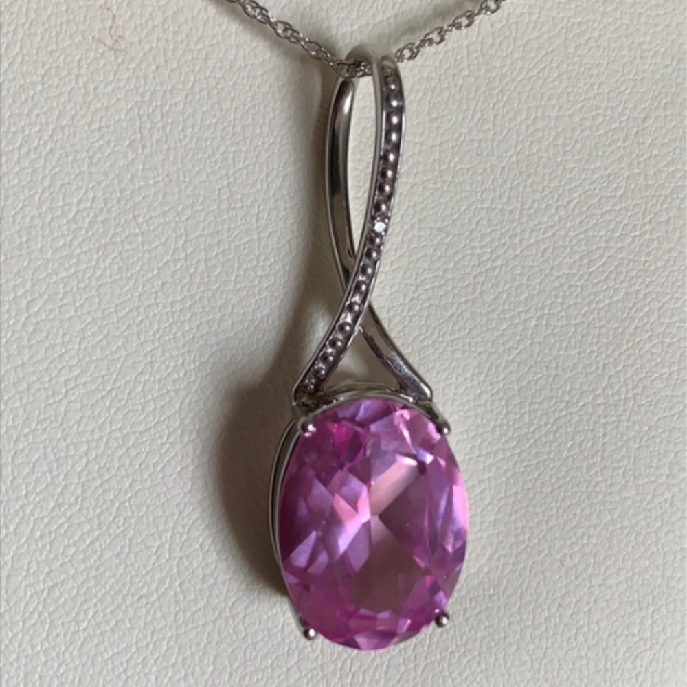 CREATED PINK SAPPHIRE AND DIAMOND PENDANT IN SS